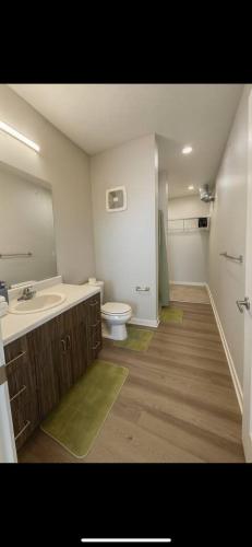 a bathroom with a sink and a toilet at Axis Suite in Des Moines