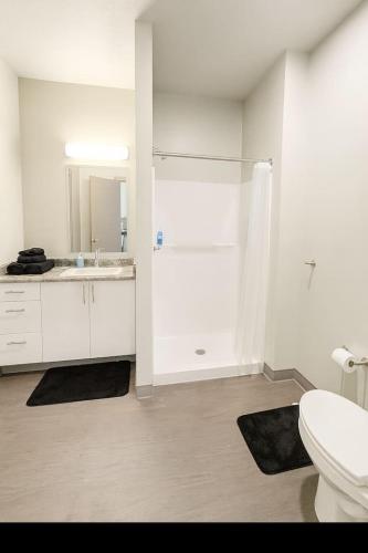 a white bathroom with a toilet and a sink at Blackbeam Suite in Des Moines