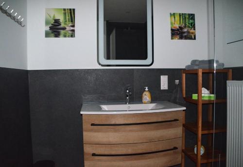 a bathroom with a sink and a mirror on the wall at Wellness Apartments Sophienhöhe AM TEICH in Mechernich
