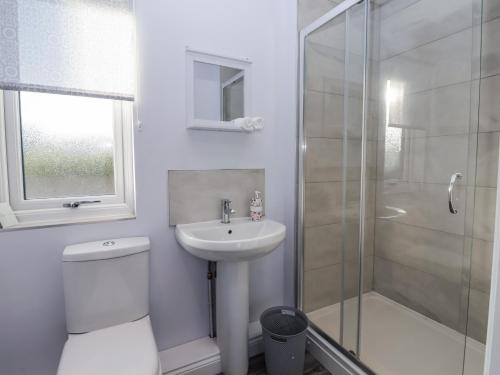 a bathroom with a toilet and a sink and a shower at Genesis in Richmond