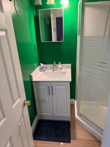 a bathroom with a white sink and a green wall at Private Room With Washroom Near Airport D14 in Mississauga