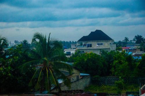 a view of a city with a building and a palm tree at Résidence Le Petit Manoir in Cotonou