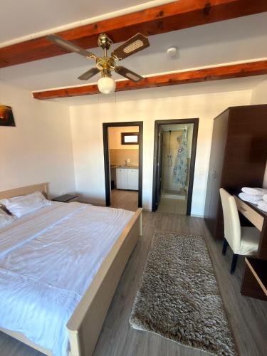a bedroom with a bed and a ceiling fan at Casa David Turda in Turda
