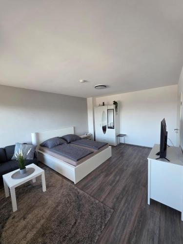 a bedroom with a bed and a couch and a tv at Gemütliche Ferienwohnung in Mülheim-Kärlich