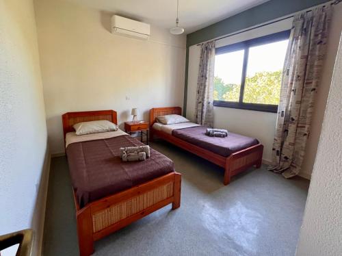 two beds in a room with a window at Forty Columns flat in Paphos