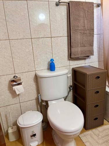 a bathroom with a white toilet and a sink at Forty Columns flat in Paphos