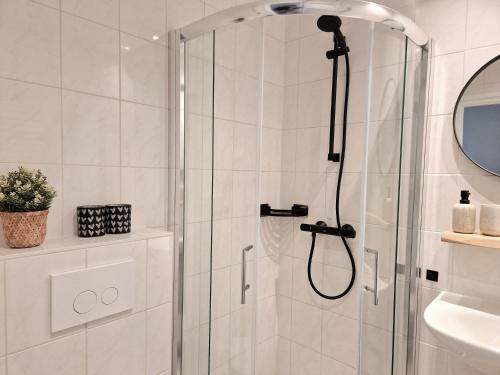 a shower with a glass door in a bathroom at Puur 38 in Simpelveld