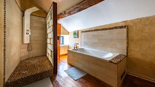 a bathroom with a large tub and a shower at Maison ALMA Piscine -Baby Foot - Cheminée- Jacuzzi in Vantoux
