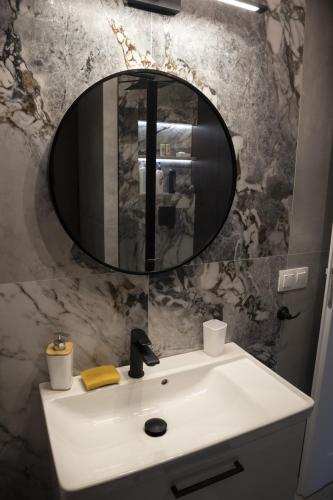 a bathroom with a sink and a mirror on the wall at Chatka Bratka in Kletno