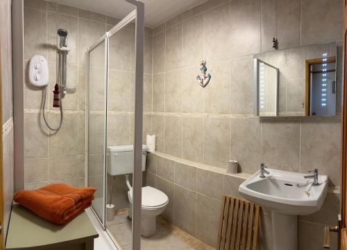 a bathroom with a shower and a toilet and a sink at Hallbank Hideout in Amble