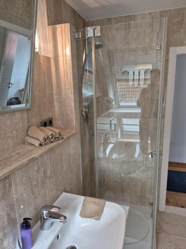 a bathroom with a sink and a glass shower at Solarhaus Guxhagen in Guxhagen