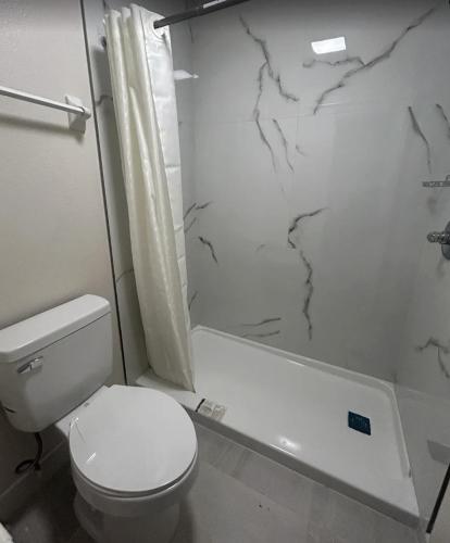a bathroom with a toilet and a shower at Gardenview Motel in Tampa