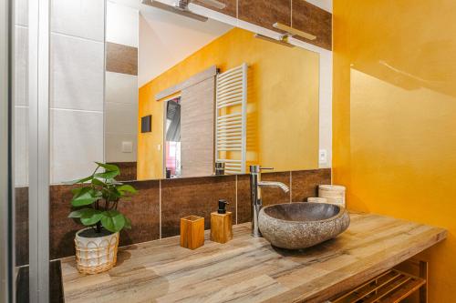 a bathroom with a large stone sink on a wooden counter at Jungle Saintaise - Appartement, Hypercentre, Fibre, Tv 4K, Parking Privé Payant in Saintes