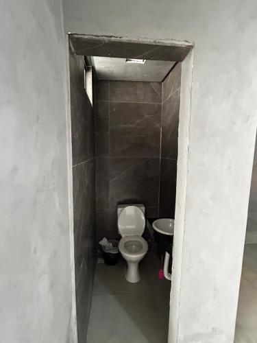 a small bathroom with a toilet and a sink at Sobrado Oliveira in Goiânia