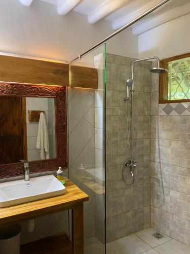 a bathroom with a sink and a shower at Sansuri Dreams Beach House in Msambweni