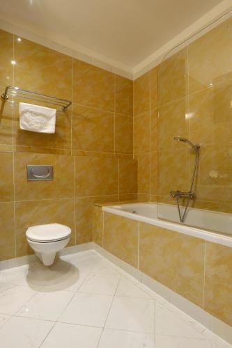 a bathroom with a toilet and a bath tub at Hotel Grand in Český Krumlov