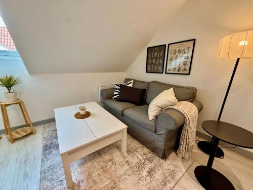 a living room with a couch and a table at Studio du Vieux Marché in Romorantin