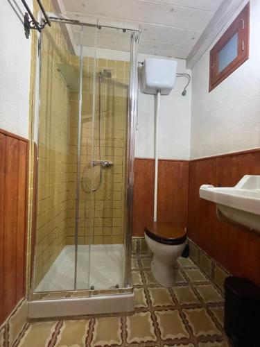 a bathroom with a shower and a toilet and a sink at mola espesa 3 in Morella