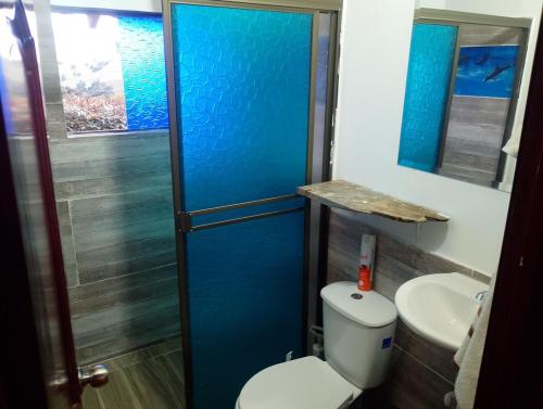 a bathroom with a shower and a toilet and a sink at Cabaña Ortiz in Guatavita