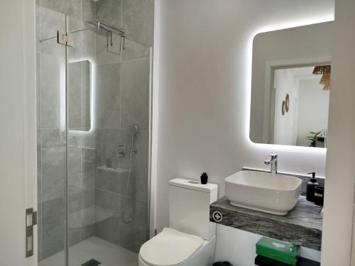 a bathroom with a shower and a toilet and a sink at Baía dos Lobos in Câmara de Lobos