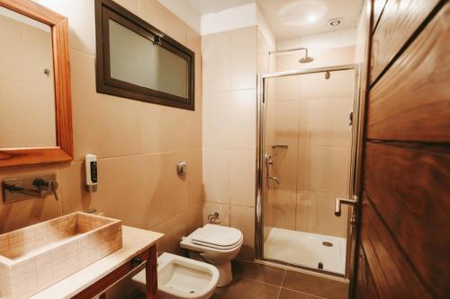 a bathroom with a toilet sink and a shower at Moconá Virgin Lodge in Moconá Falls