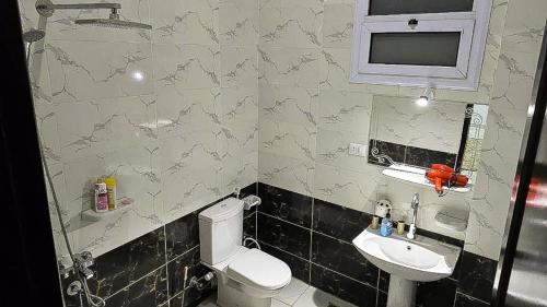 a small bathroom with a toilet and a sink at Amenirdis Villa in Al Qurnah