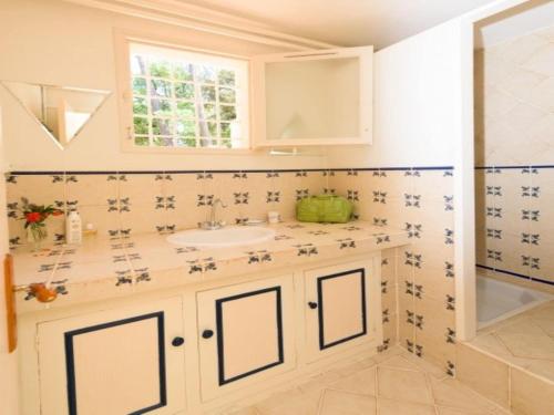 a bathroom with a sink and a shower at Gîte Guillaume with swimming pool in Carcès