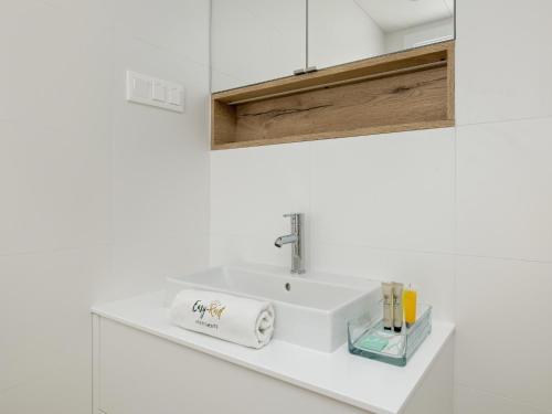 a bathroom sink with a roll of toilet paper on it at Large apartment with sea view, indoor pool in Pobierowo