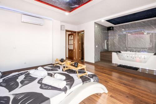 a bedroom with a large bed and a bath tub at Cazalegas Sky Spa in Cazalegas