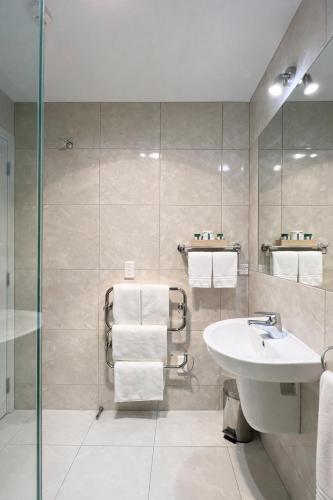 a bathroom with a sink and a shower at BKs Premier Motel Esplanade in Lower Hutt