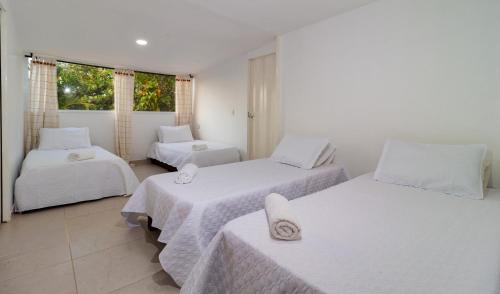a white room with two beds and a window at Hotel Arena Beach Cartagena in Cartagena de Indias
