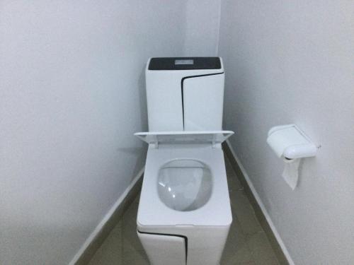 a white toilet in a bathroom with a roll of toilet paper at Campement les Baobabs Abene in Abémé