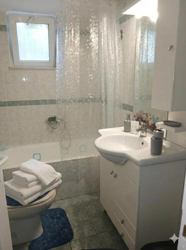 a bathroom with a toilet and a sink and a shower at Welcome studio in Preveza