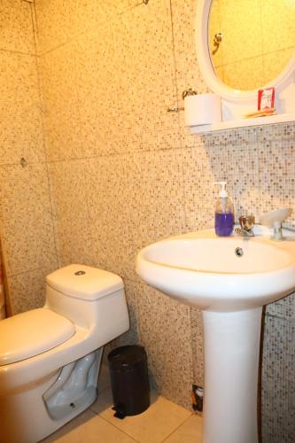 a bathroom with a sink and a toilet and a mirror at Machupicchu Royal Mountain in Machu Picchu