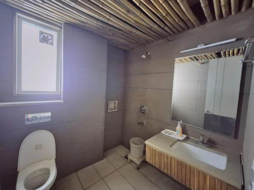 a bathroom with a toilet and a sink and a mirror at Stays - Golf Course Road in Gurgaon