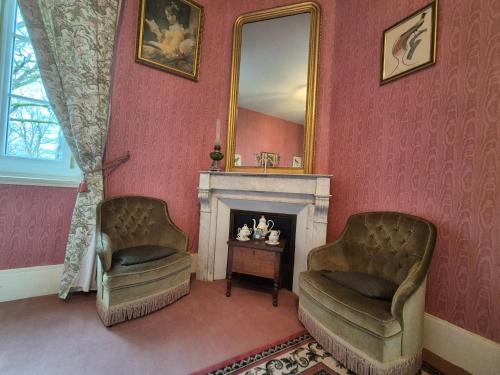 a living room with two chairs and a mirror at Le manoir d'Estiveaux in Le Châtelet