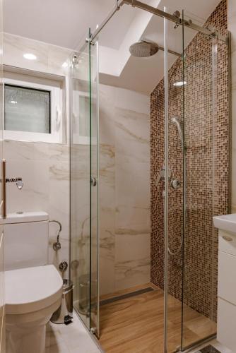 a bathroom with a shower and a toilet at Villa Dragana with heading swimming pool and parking in Budva