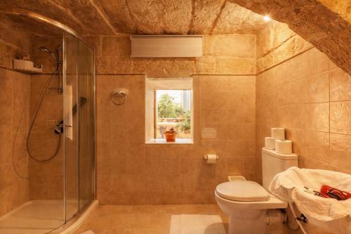 a bathroom with a toilet and a glass shower at Ta' Frenc Farmhouse in Għarb