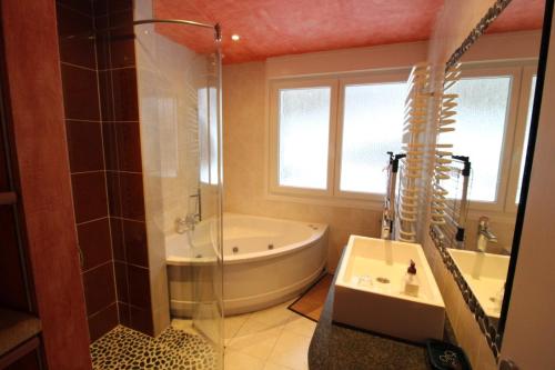 a bathroom with a tub and a shower and a sink at Gîte Le Cincle au cœur du massif des Vosges in La Bresse