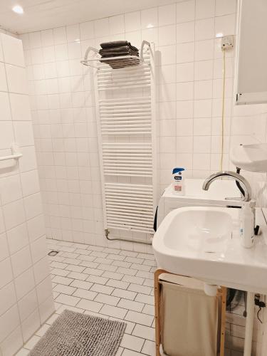 a white bathroom with a sink and a shower at Lovely City Center Apartment in Alkmaar