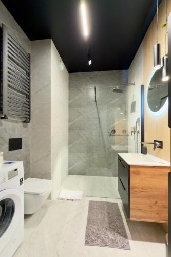 a bathroom with a shower and a toilet and a sink at Apartament Stara Fabryka 15 in Włocławek