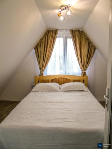a bed in a room with a window at Căsuța din livadă in Secăria