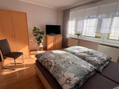 a bedroom with a bed and a chair and a television at Ferienwohnung Hagert - Ankommen und Wohlfühlen in Eibenstock