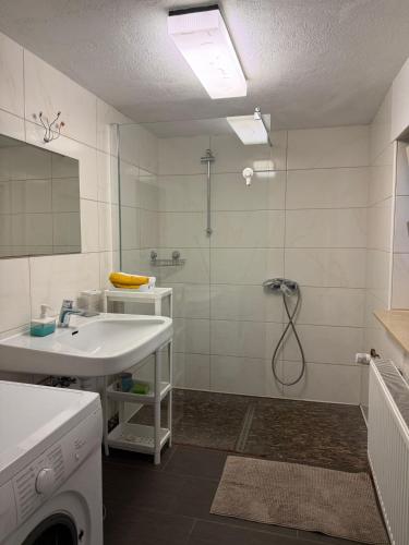 a white bathroom with a shower and a sink at Ferienwohnung im Besigheim in Besigheim
