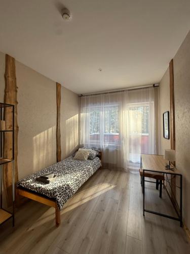 a bedroom with a bed and a desk and a window at visitDINAMO in Kandava