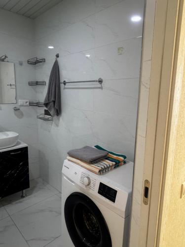 Alvina Complex A في تساجكادزور: غسالة ملابس في حمام مزود بحوض غسيل