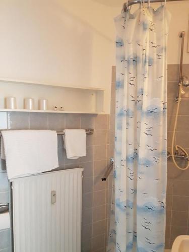 a bathroom with a shower with a blue and white shower curtain at Strandhotel App. 63 in Dahme