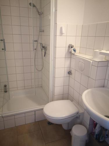 a bathroom with a shower and a toilet and a sink at Strandhotel Wohnung 48 in Dahme