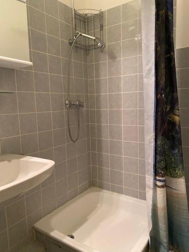a bathroom with a shower with a tub and a sink at Strandhotel Wohnung 24 in Dahme