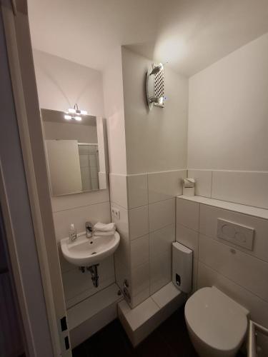 a small bathroom with a toilet and a sink at Strandhotel Wohnung 4 in Dahme